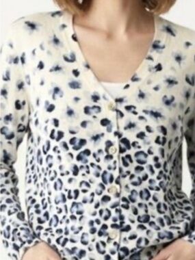 Tory Burch Blue White Floral Leopard Cardigan Sweater Quiet Luxury Preppy Sz S